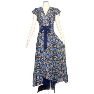 Monique Lhuillier Metallic Blue Floral Maxi Dress In Bluebell Garden 6 S